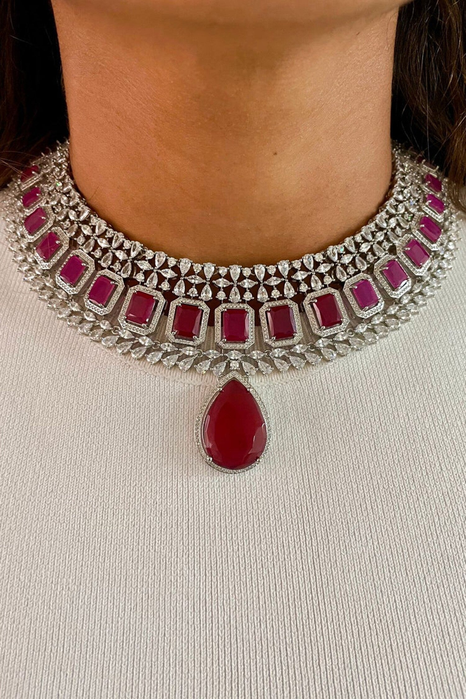 Ruby Stone & Faux Diamond Jewellery Set 