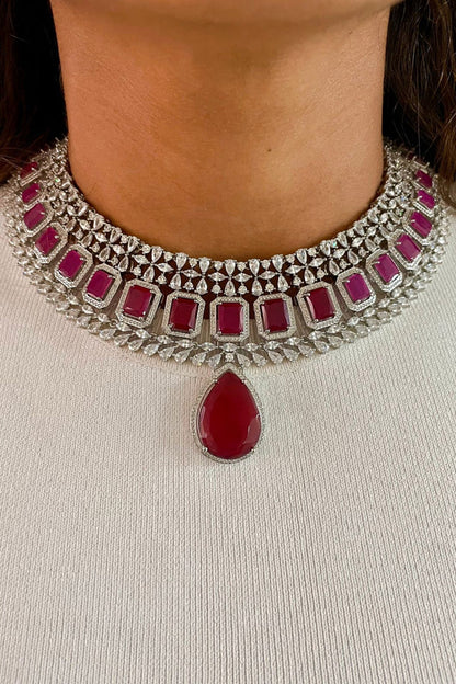 Ruby Stone & Faux Diamond Jewellery Set 