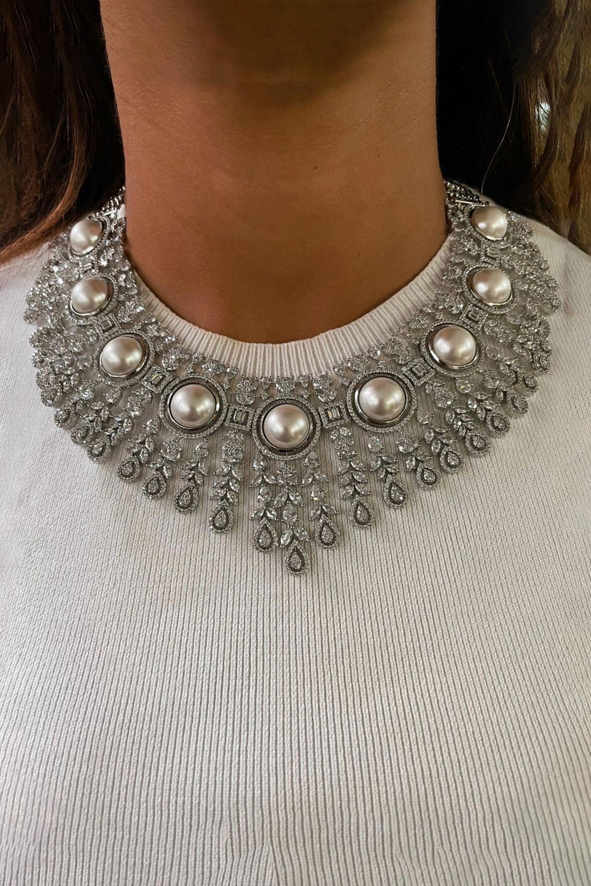 Geometric Pearl & Faux Diamond Choker Set 