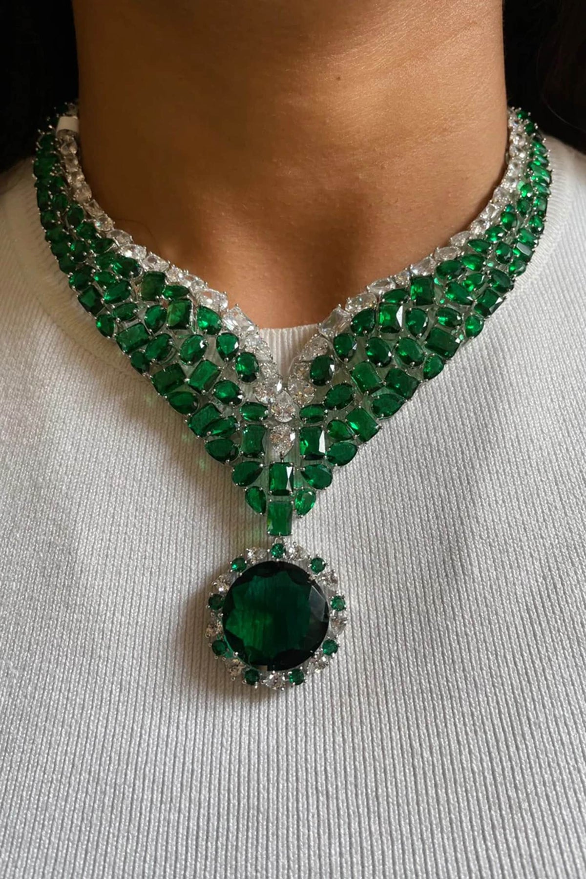 Emerald Stone Faux Diamond Necklace Set 