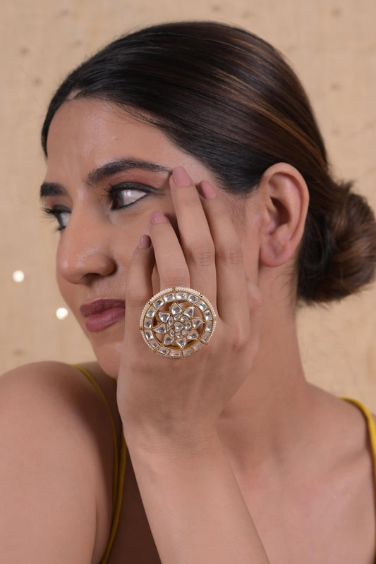 Kundan Pearl Embellished Circular Ring 