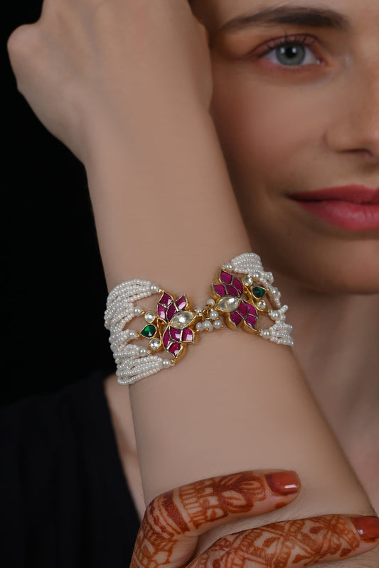 Lotus Motif Pearl & Kundan Bracelet 