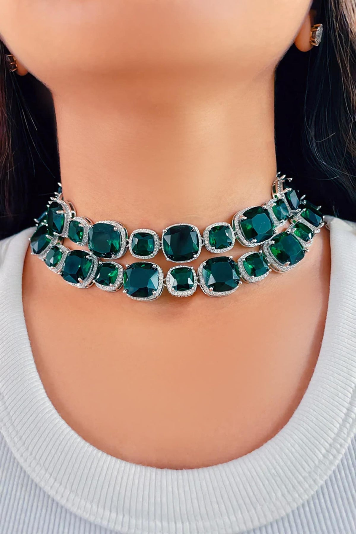 Emerald Stone & Faux Diamonds Jewellery Set 