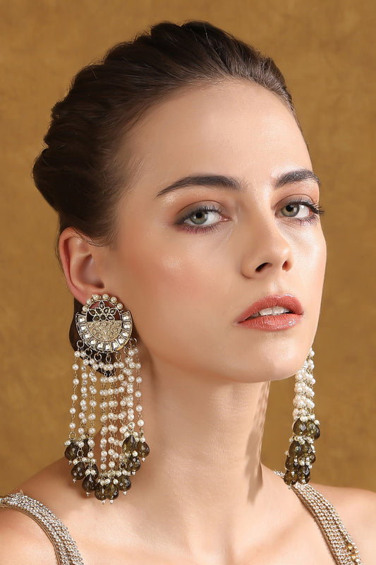 Gold & Green Bead Tassel Long Earrings 