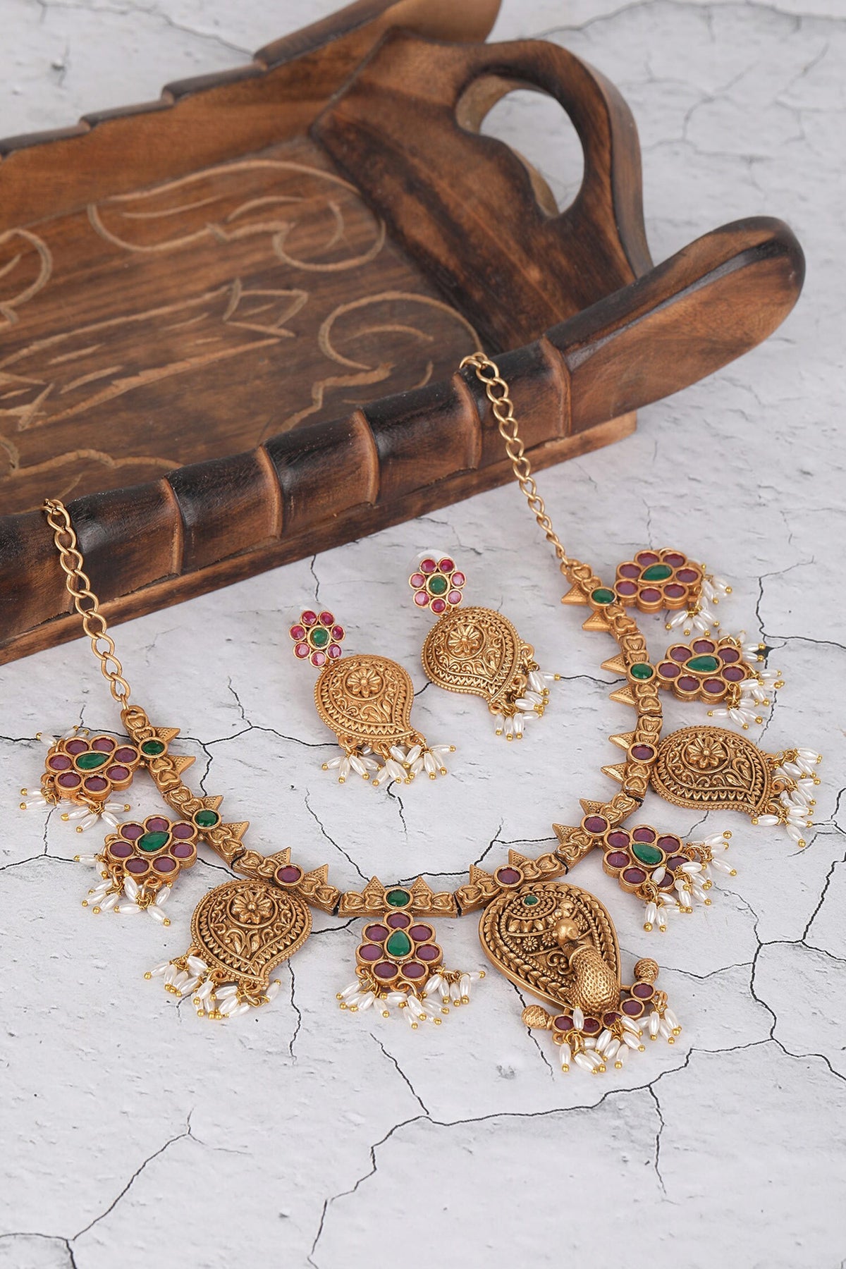 Gold Stone Embellished Peacock Choker Set 