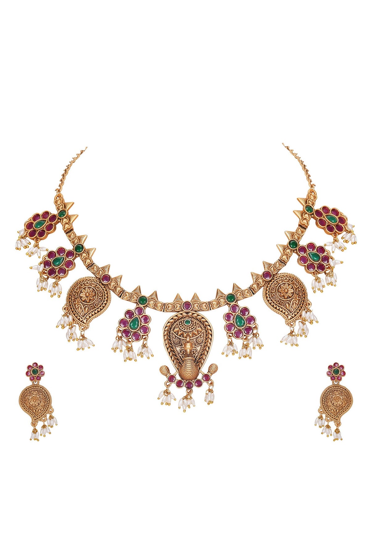 Gold Stone Embellished Peacock Choker Set 