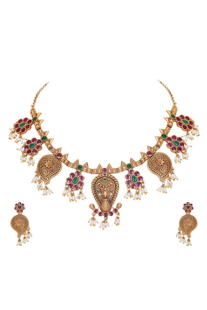 Gold Stone Embellished Peacock Choker Set 