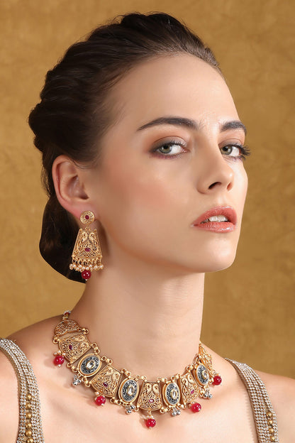 Carved Dual Tone Bar Choker Set 