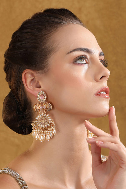 Gold Pearl Tassel Carved Earrings 