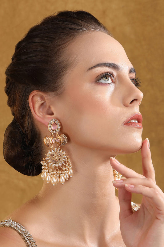 Gold Pearl Tassel Carved Earrings 