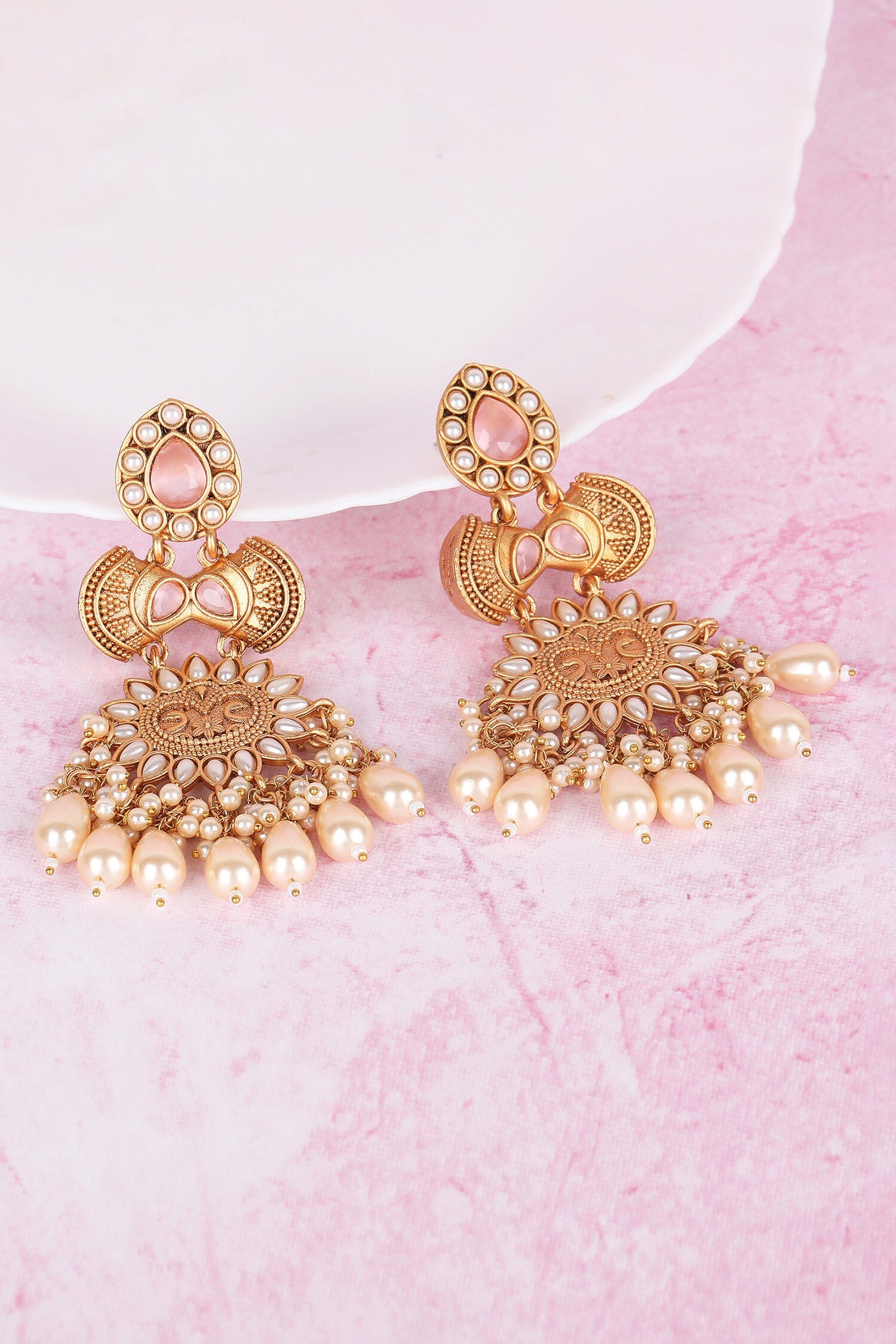 Gold Pearl Tassel Carved Earrings 