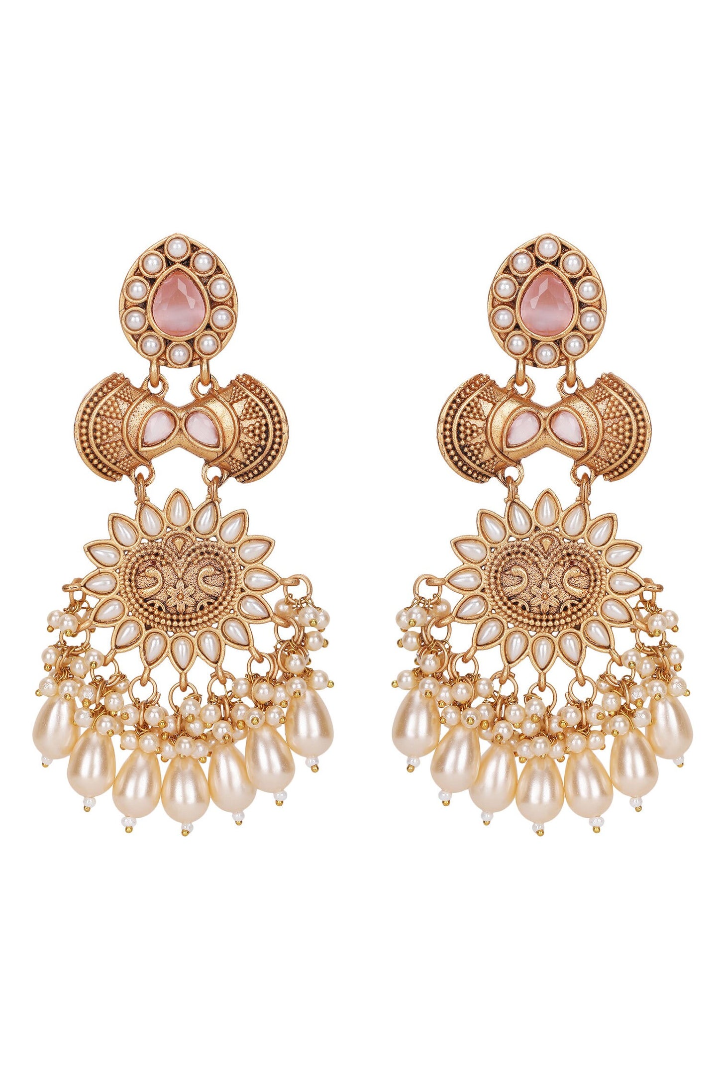 Gold Pearl Tassel Carved Earrings 