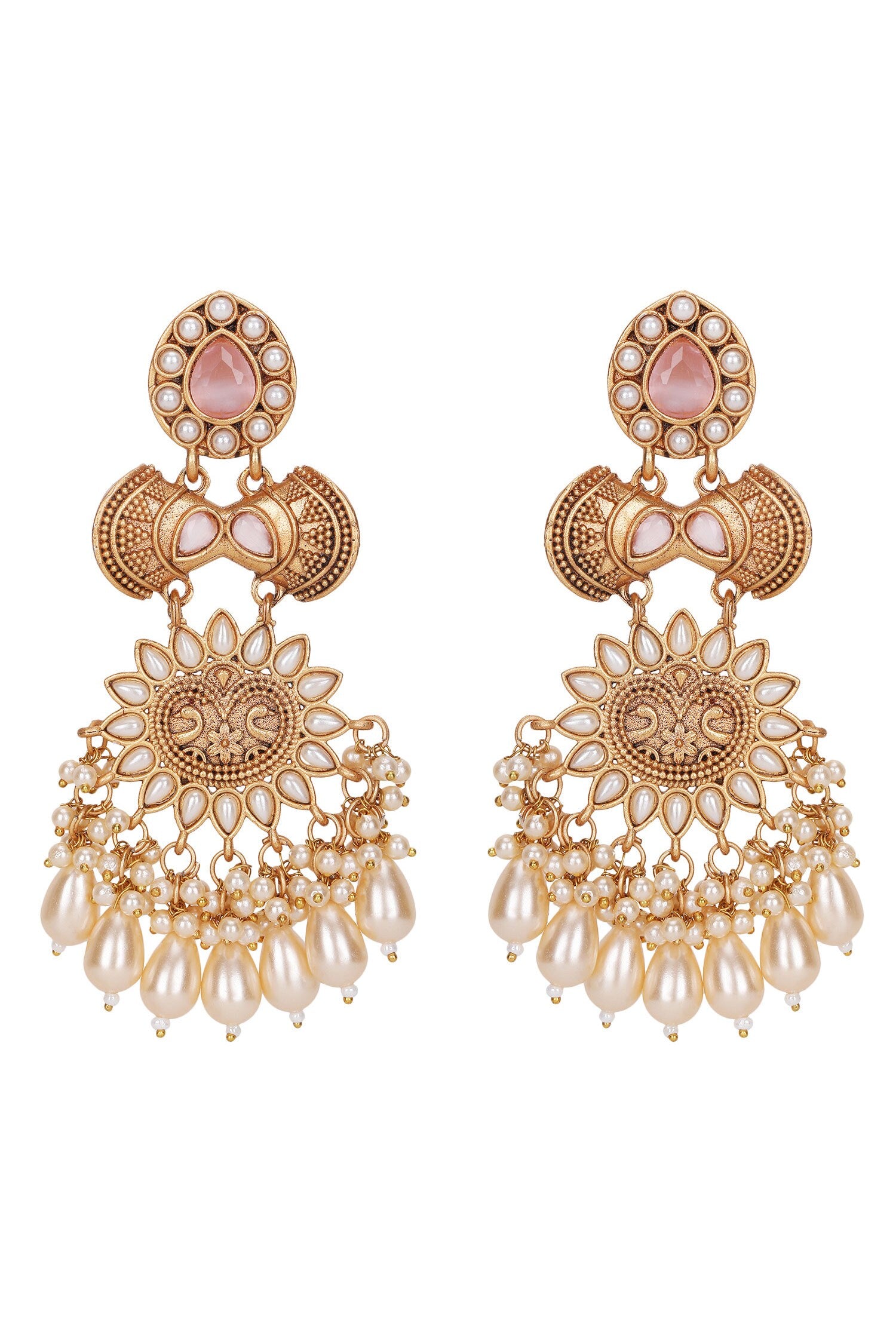 Gold Pearl Tassel Carved Earrings 