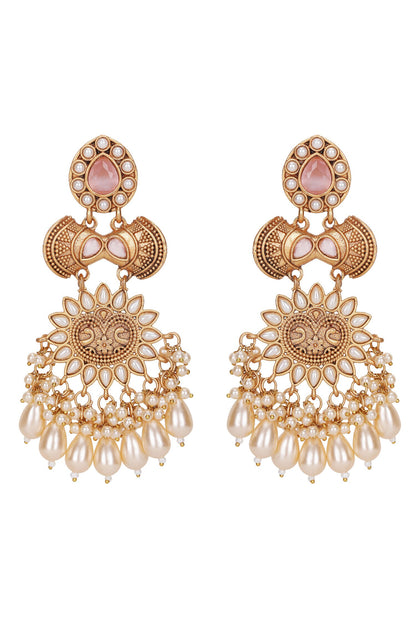 Gold Pearl Tassel Carved Earrings 