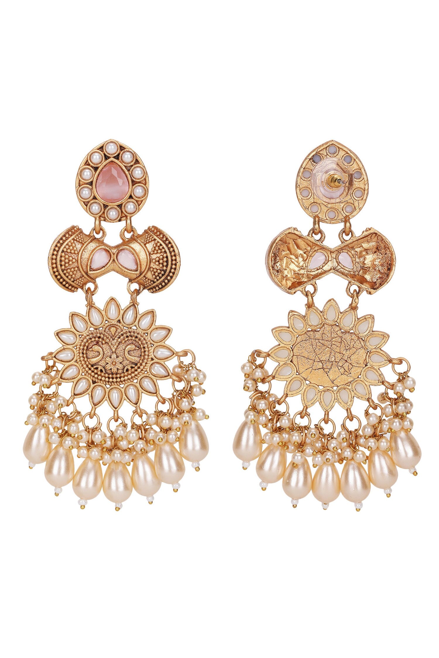 Gold Pearl Tassel Carved Earrings 