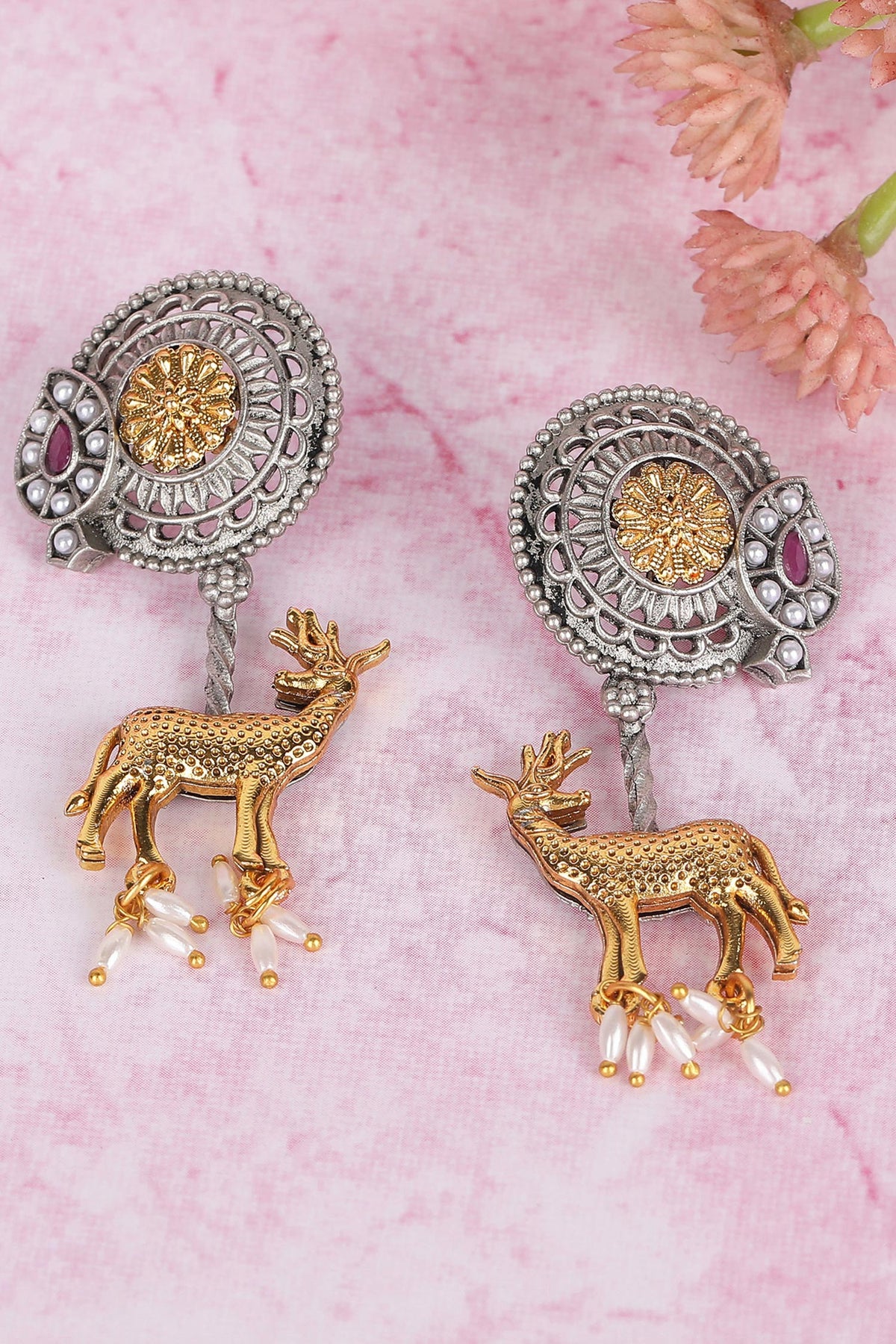 Gold Deer Motif Dual Tone Earrings 