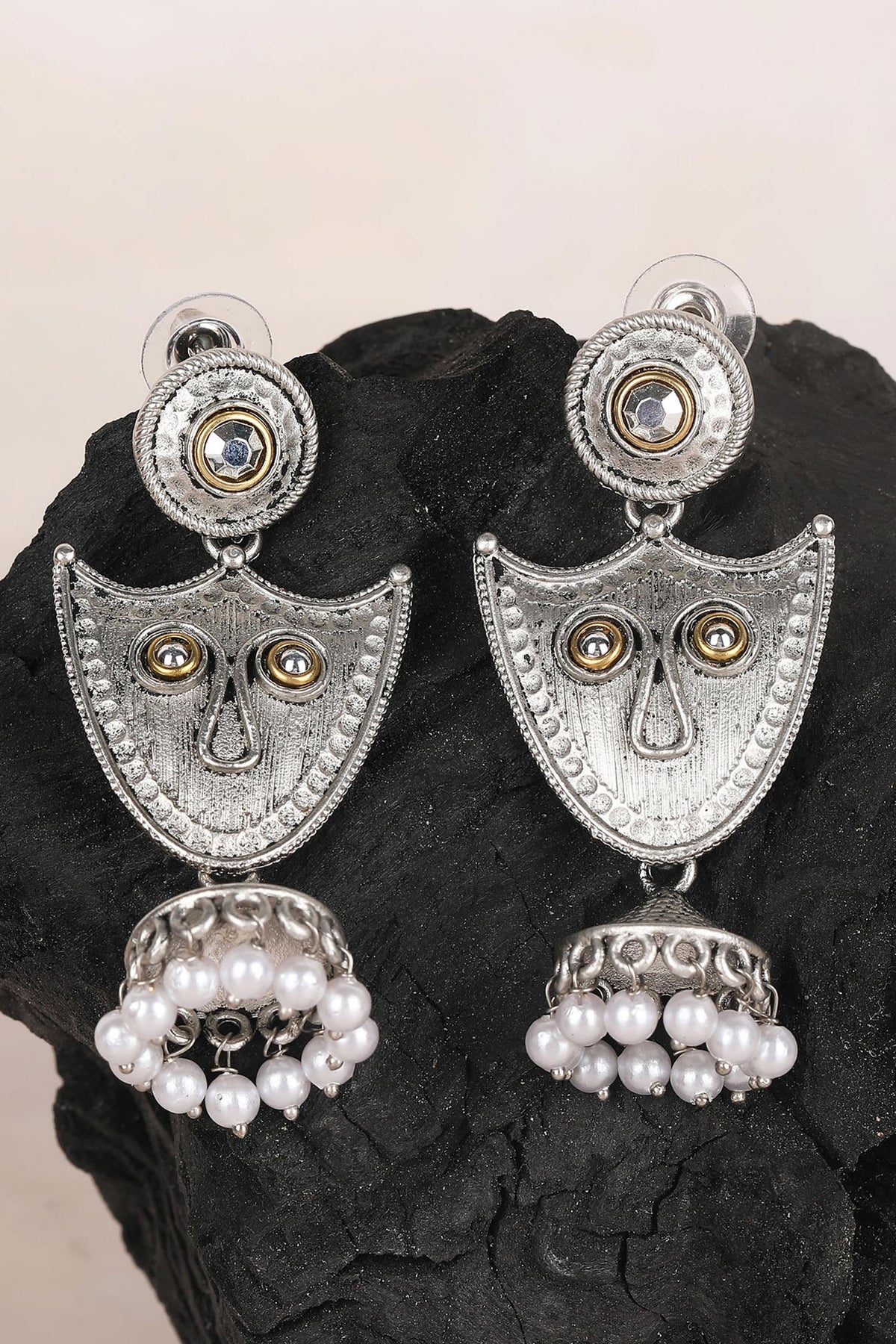 Shield Pearl Tassel Jhumka Earrings 