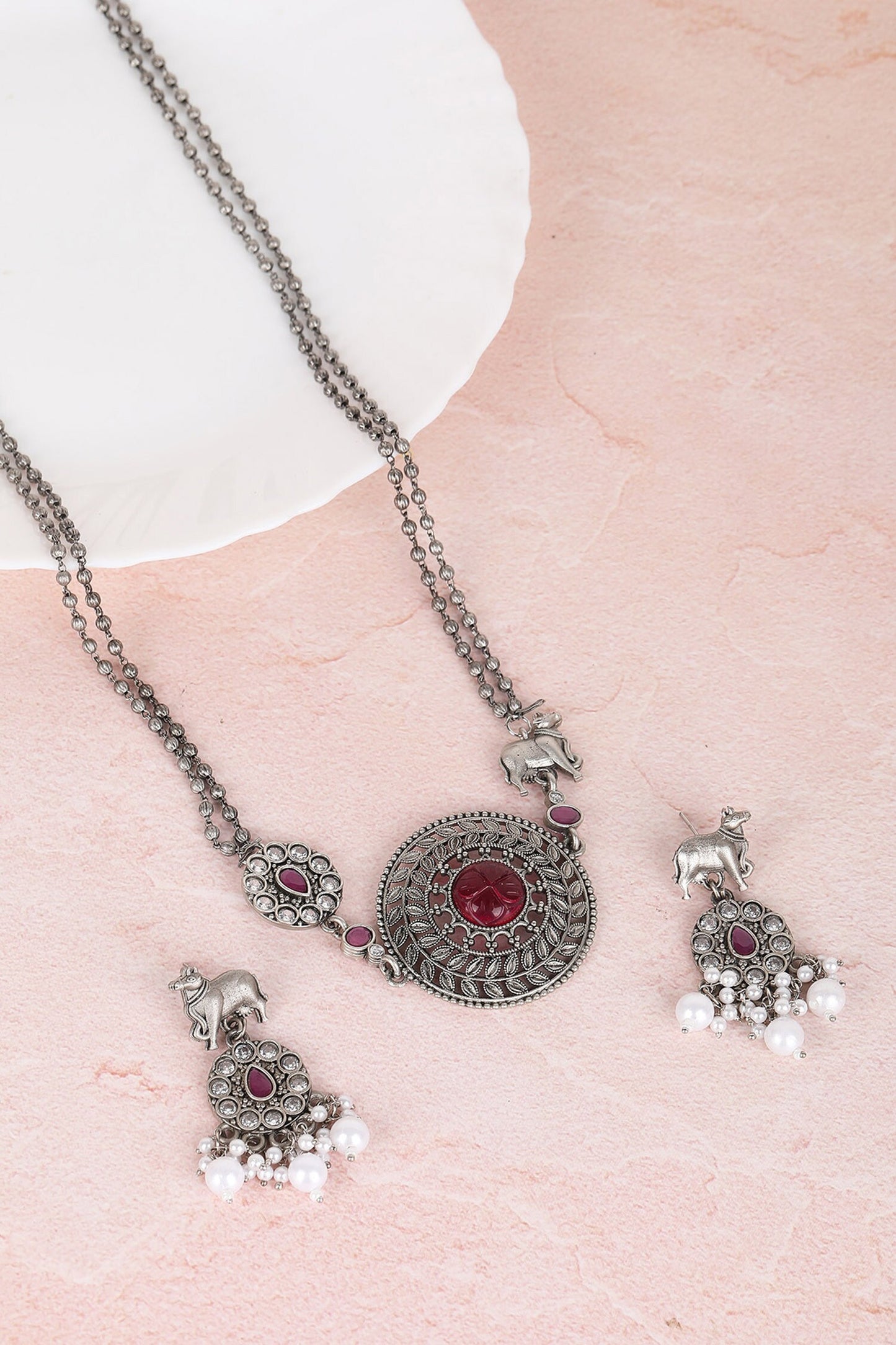 Silver Stone Beaded Necklace & Earring Set 