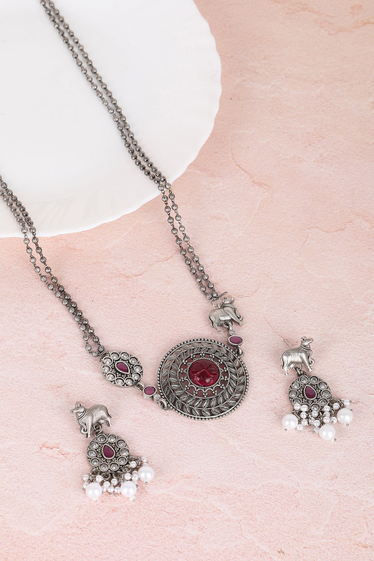 Silver Stone Beaded Necklace & Earring Set 