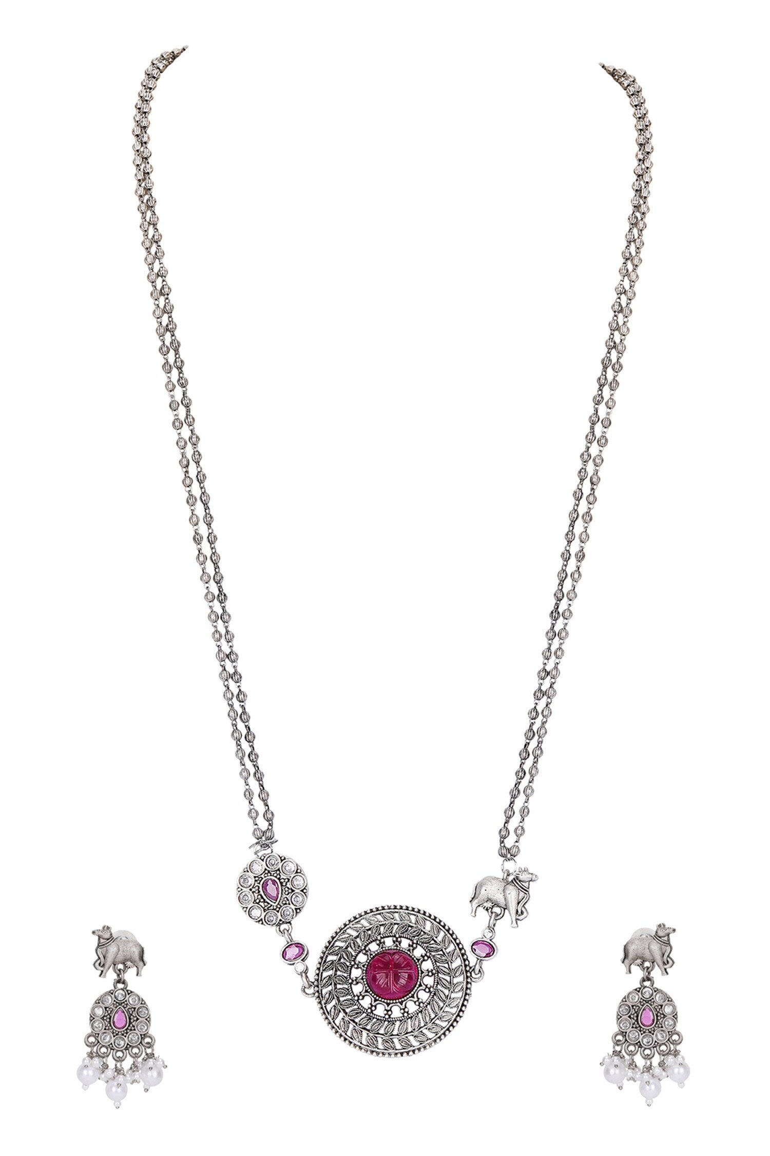 Silver Stone Beaded Necklace & Earring Set 