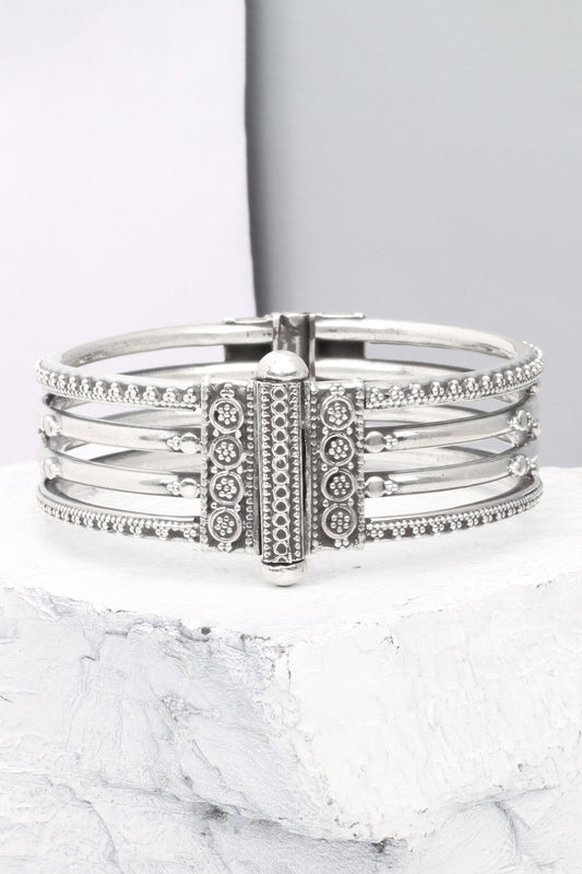Four Layered Carved Silver Bangle 