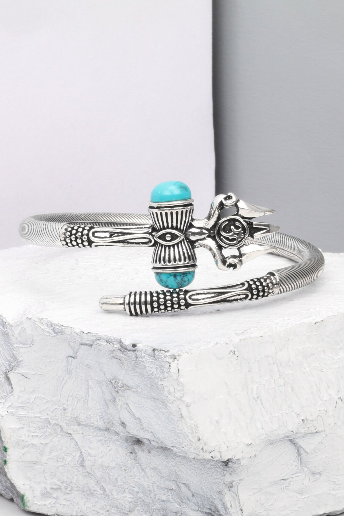 Silver Trishul Carved Bracelet with Turquoise Stone 