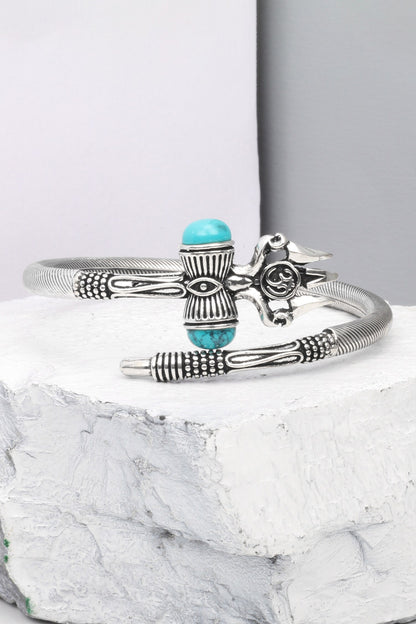 Silver Trishul Carved Bracelet with Turquoise Stone 