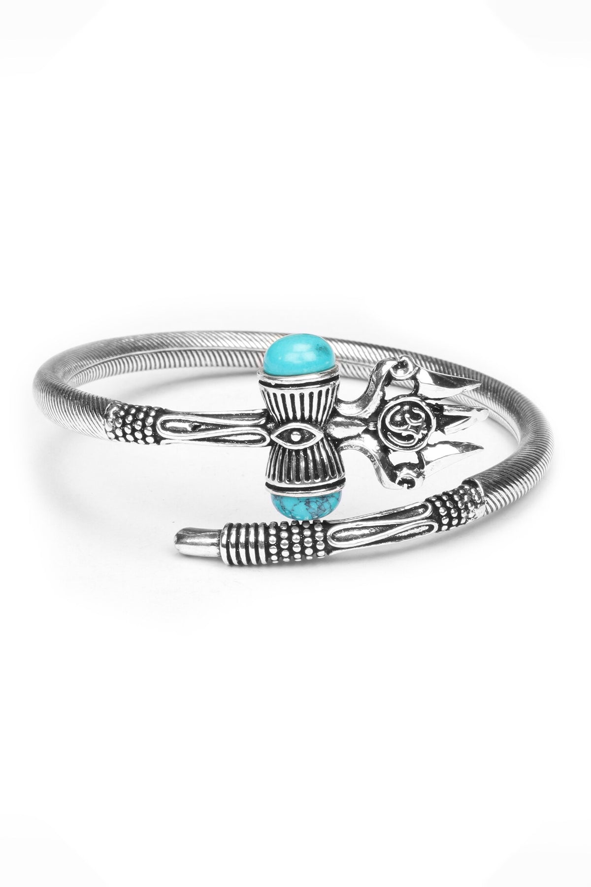 Silver Trishul Carved Bracelet with Turquoise Stone 