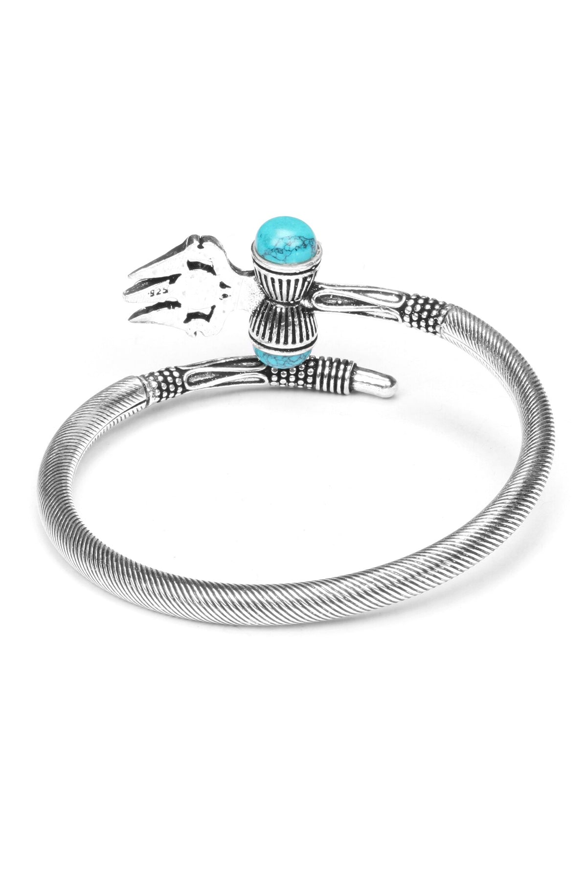 Silver Trishul Carved Bracelet with Turquoise Stone 