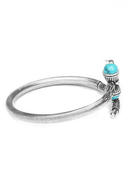 Silver Trishul Carved Bracelet with Turquoise Stone 