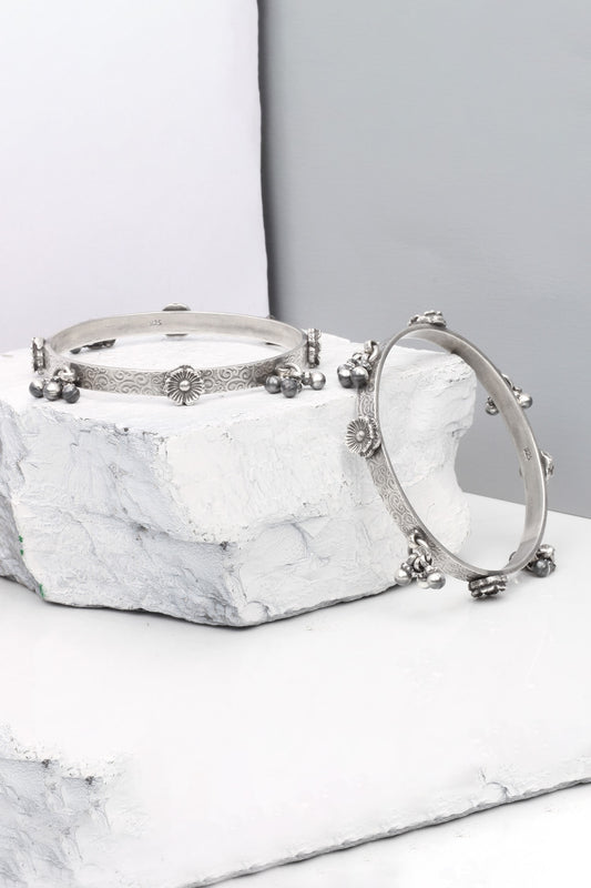 Floral Carved Silver Bracelet 