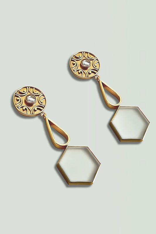 Gold Acrylic Tile Amulet Earrings 