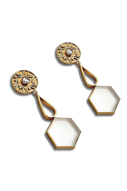 Gold Acrylic Tile Amulet Earrings 