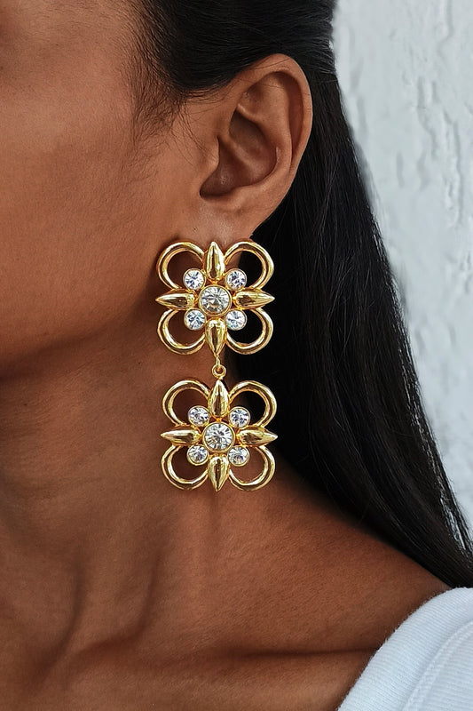 Gold Tone Floral Dangler Earrings 