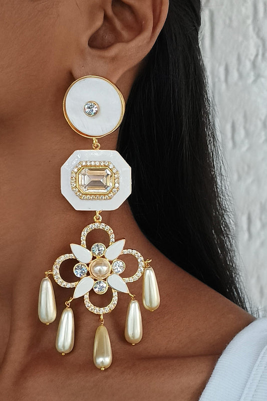 Floral Pearl Enamel Statement Earrings 