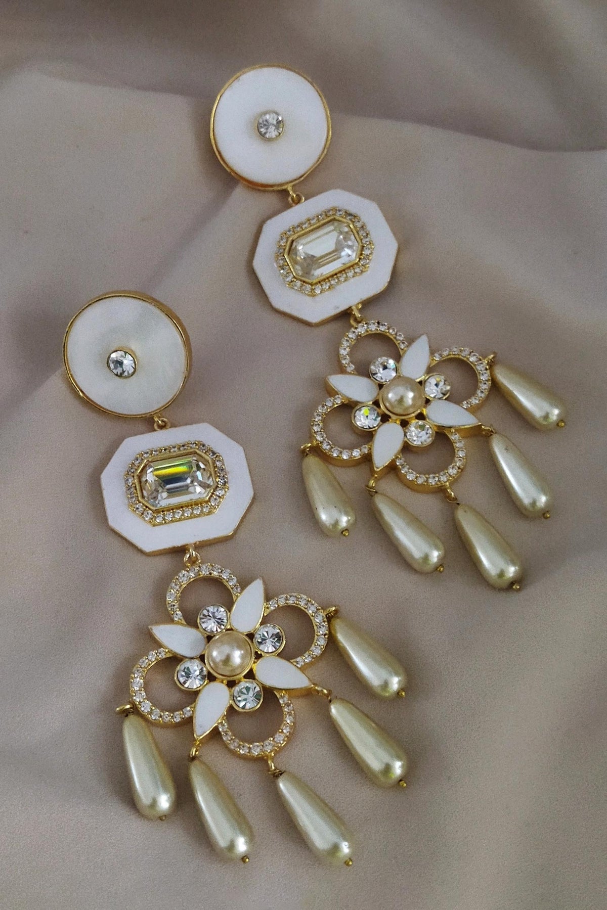 Floral Pearl Enamel Statement Earrings 
