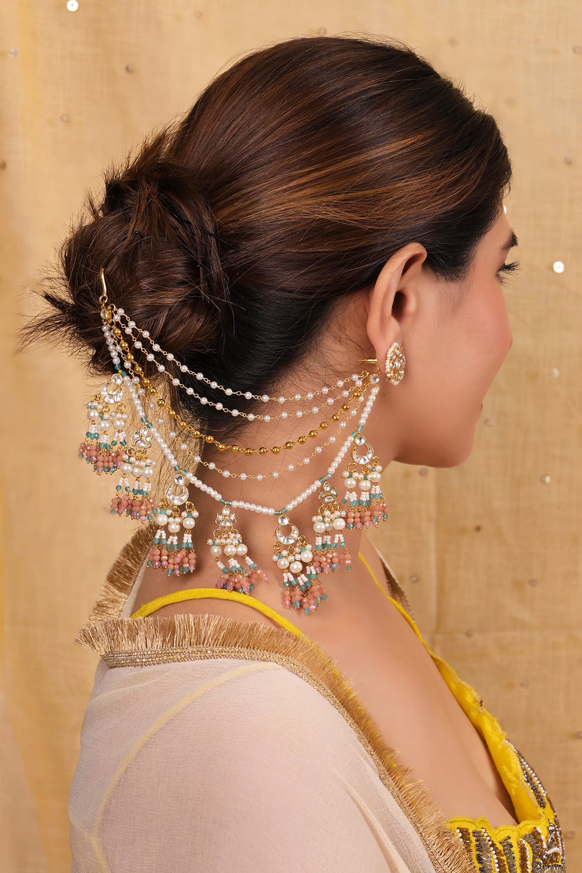 Pearl & Kundan Tassel Earchains Set 