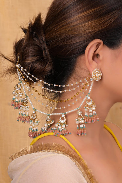 Pearl & Kundan Tassel Earchains Set 