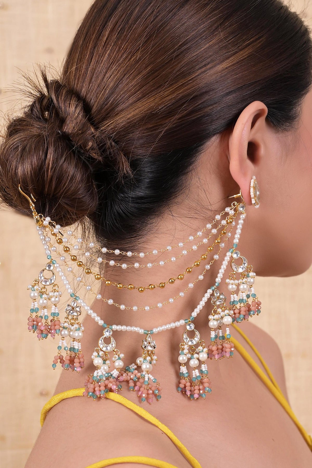 Pearl & Kundan Tassel Earchains Set 
