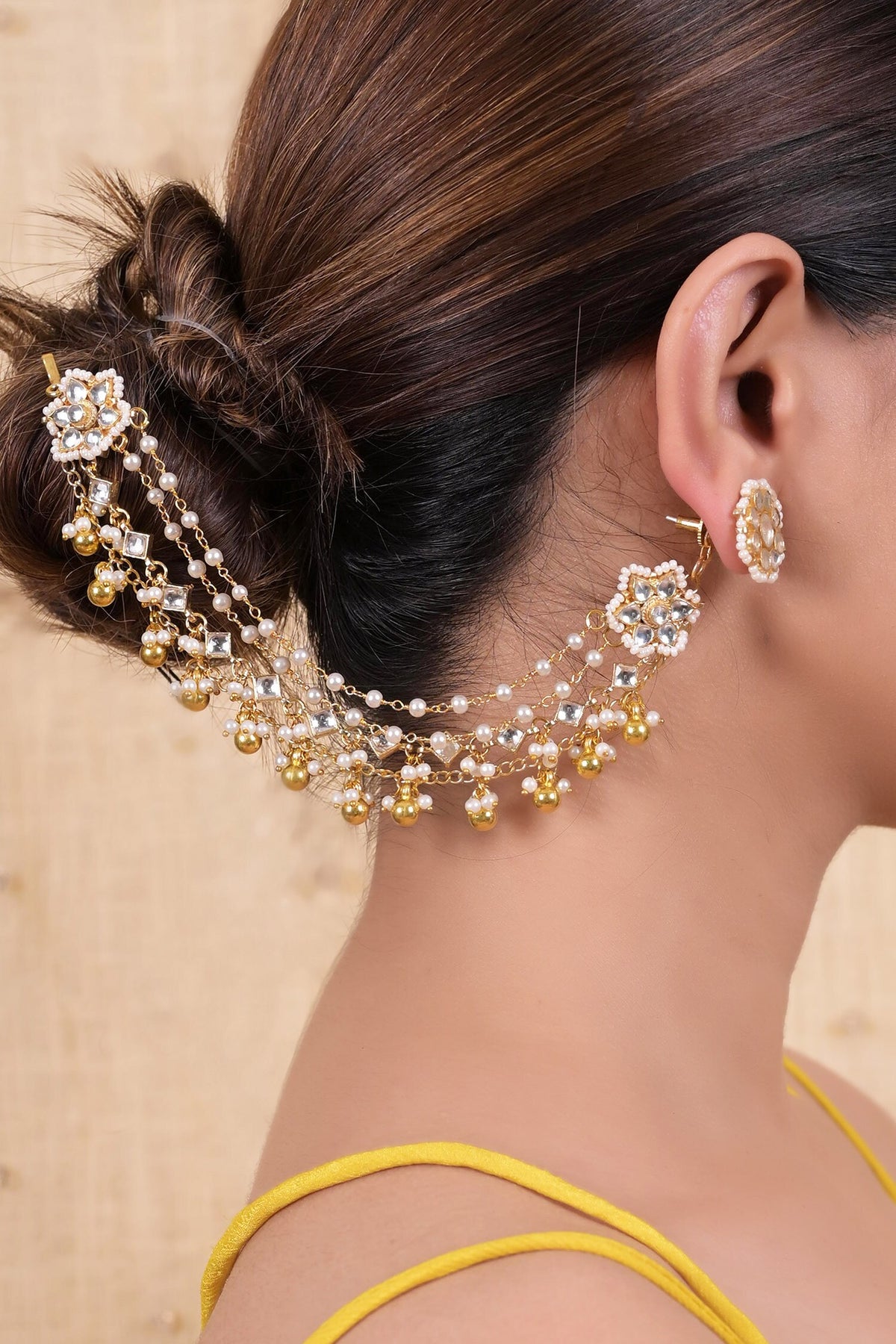 Pearl & Kundan Bloom Earchains Set 