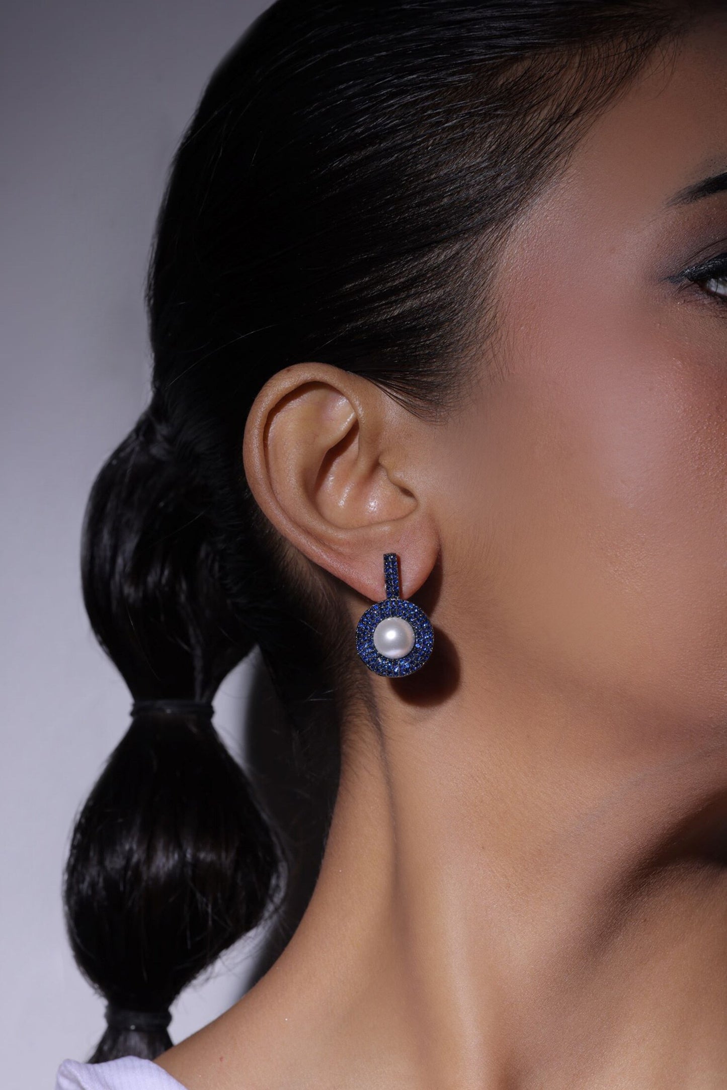 Blue Faux Diamond Round Drop Studs 