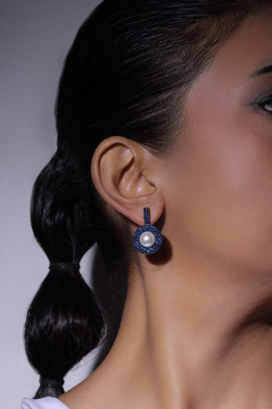 Blue Faux Diamond Round Drop Studs 