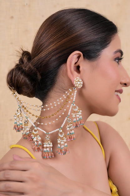 Pearl & Kundan Tassel Earchains Set 