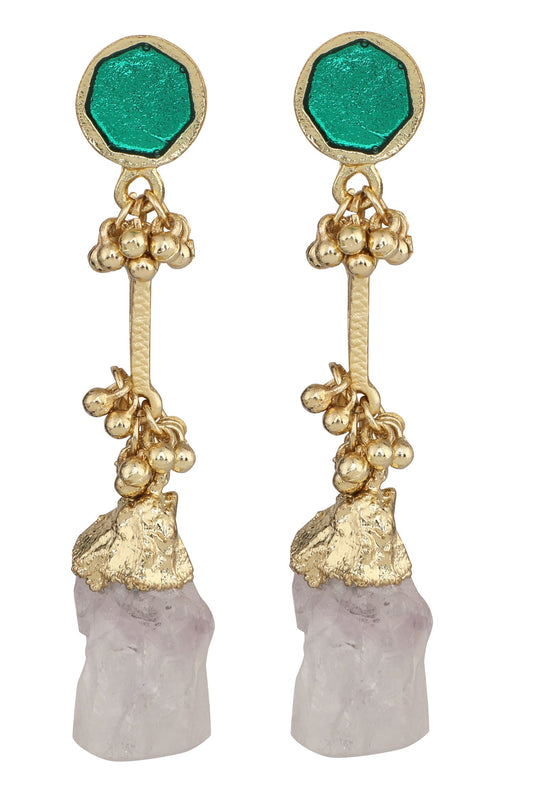 Gold Enamel Stone Drop Earrings 
