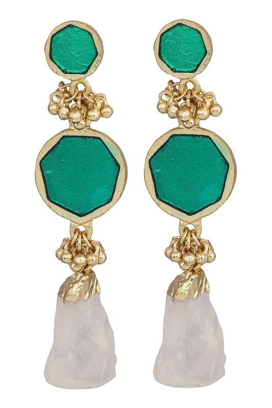 Gold Stone Enamel Double Drop Earrings 