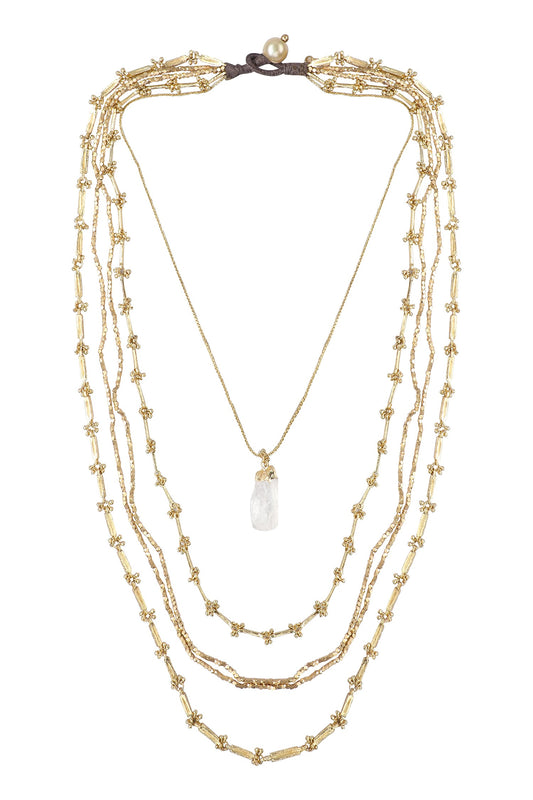 Gold Multi Layer Bead Stone Necklace 