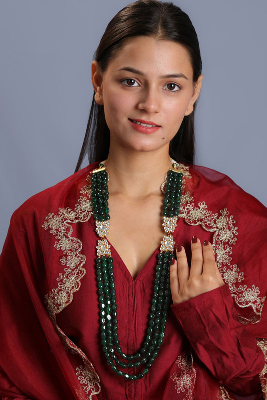 Emerald Bead & Kundan Long Maala Necklace 