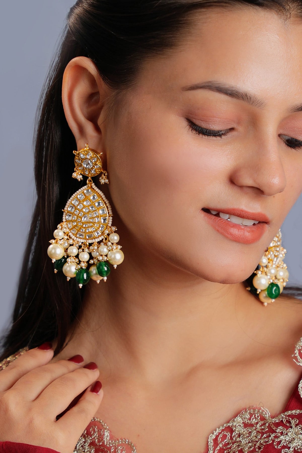 Carved Jadtar Stone Dangler Earrings 