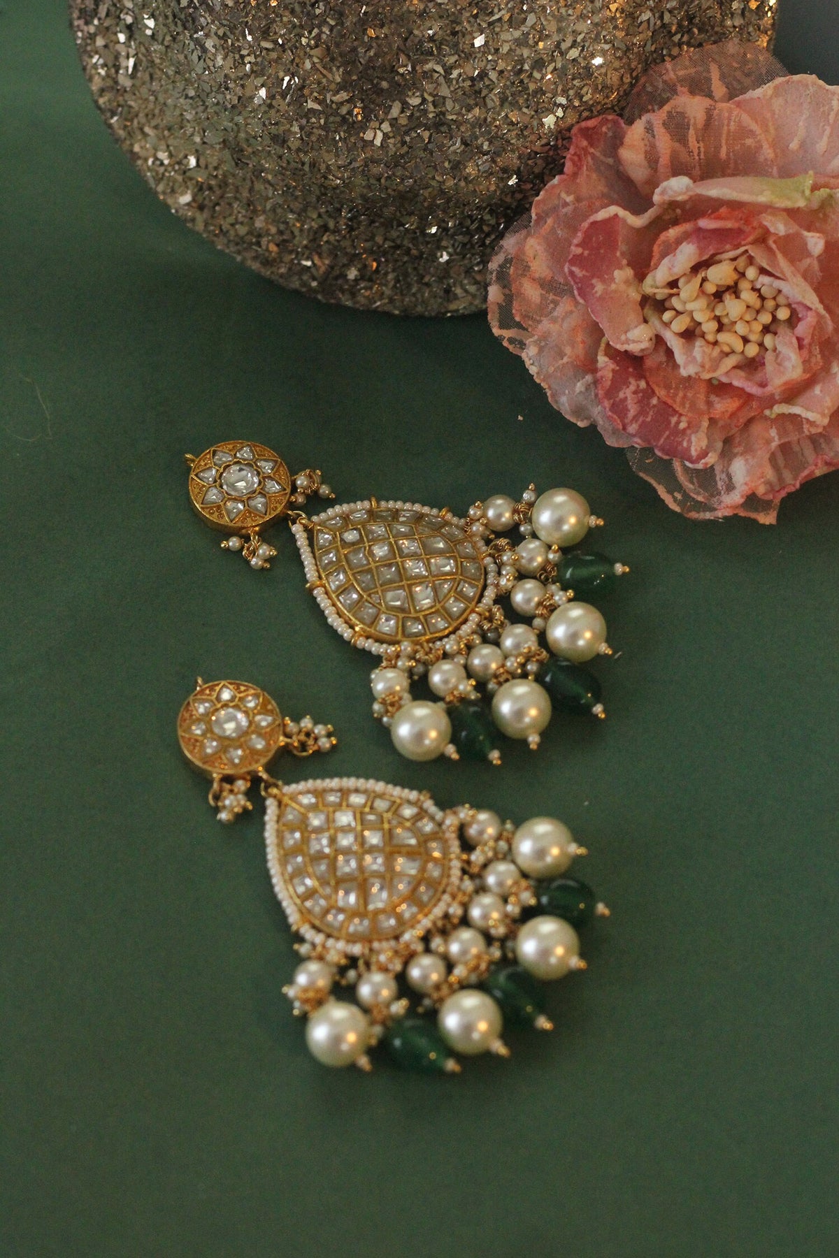 Carved Jadtar Stone Dangler Earrings 