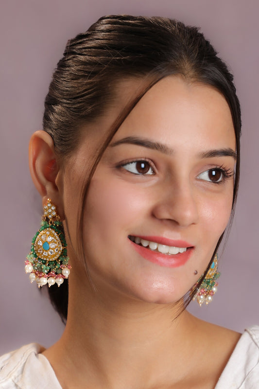 Floral Carved Jadtar Stone Earrings 
